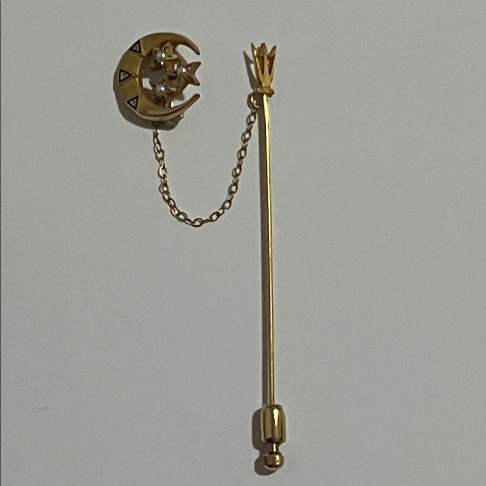 Vintage Art Deco 10K Gold Tri Delta Moon & Star Chain Stick Pin Brooch - Picture 7 of 14